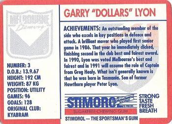1991 Scanlens Stimorol #38 Garry Lyon Back